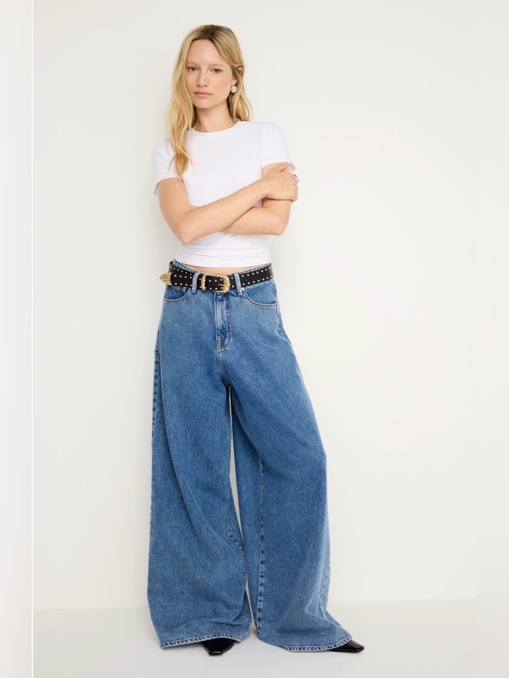 Good American Wide-Leg Paneled BaggyBlue Denim Jeans   Size 28/6